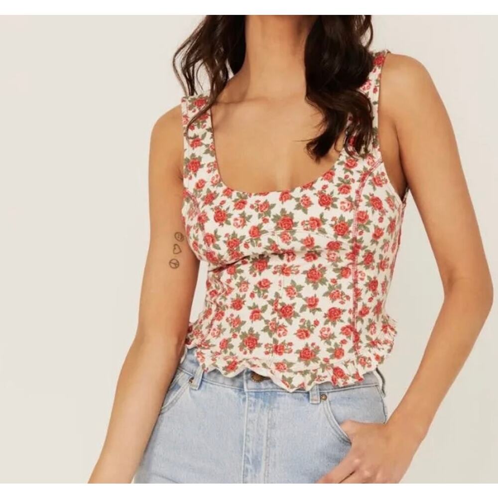Free People Melanie Tank Medium Floral Rose Print Corset Style Stretch Crop Top